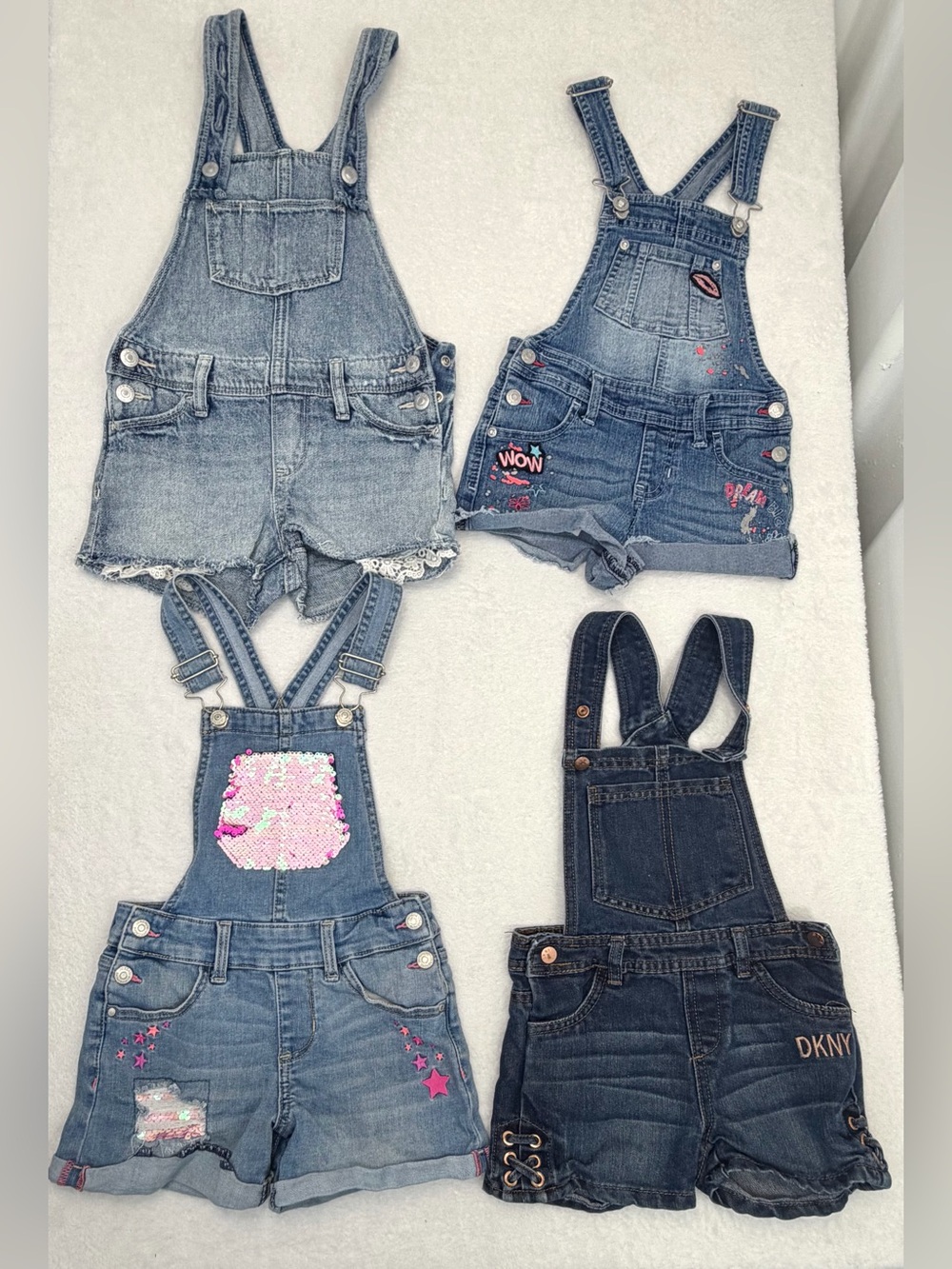 Girls Denim Shortalls Lot 4 Size 6 6X 7 Old Navy DKNY Jordache Jean Overalls